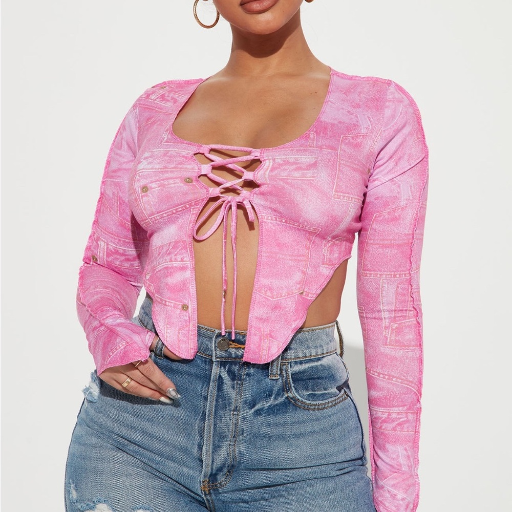 Fashion Nova Pink Long Sleeve Crop Blouse with Tie Front